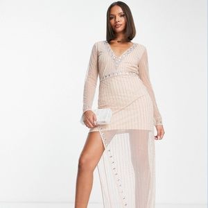 ASOS NWT Starlet Exclusive Embellished Thigh Split Midaxi Dress in Champagne